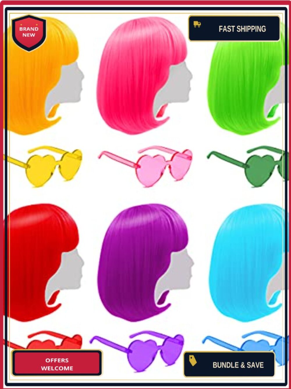 Short Bob Wigs with Bangs and Heart Sunglasses, 6 Piece Cosplay Party Set